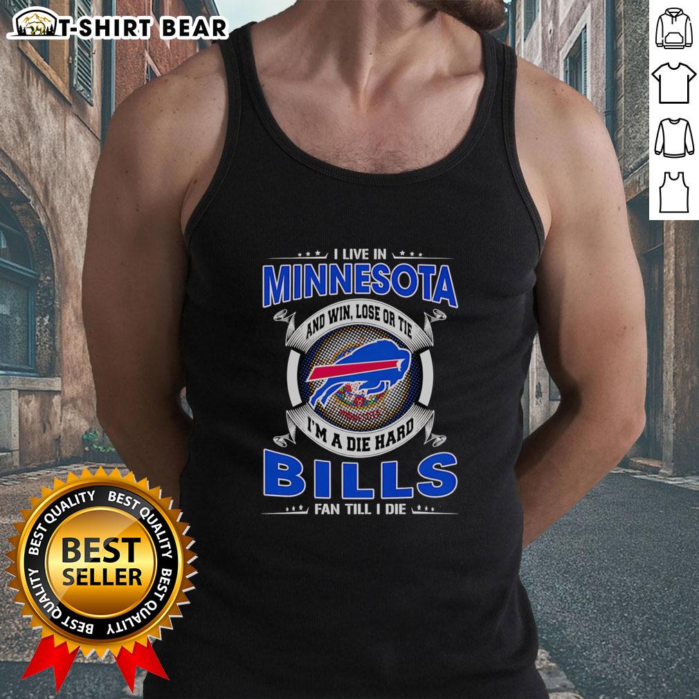 Buffalo Bills fan wearing a tank top, proudly displaying 'I Live In Minnesota' and 'Till I Die' slogan.