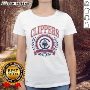 Alt Text: Original Los Angeles Clippers National Basketball Association crest on a stylish ladies tee, perfect for fans.