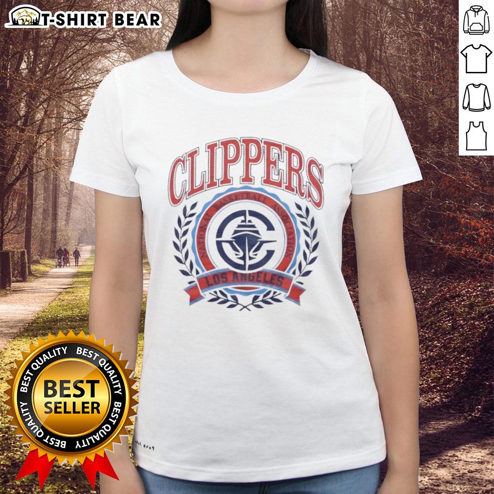 Alt Text: Original Los Angeles Clippers National Basketball Association crest on a stylish ladies tee, perfect for fans.