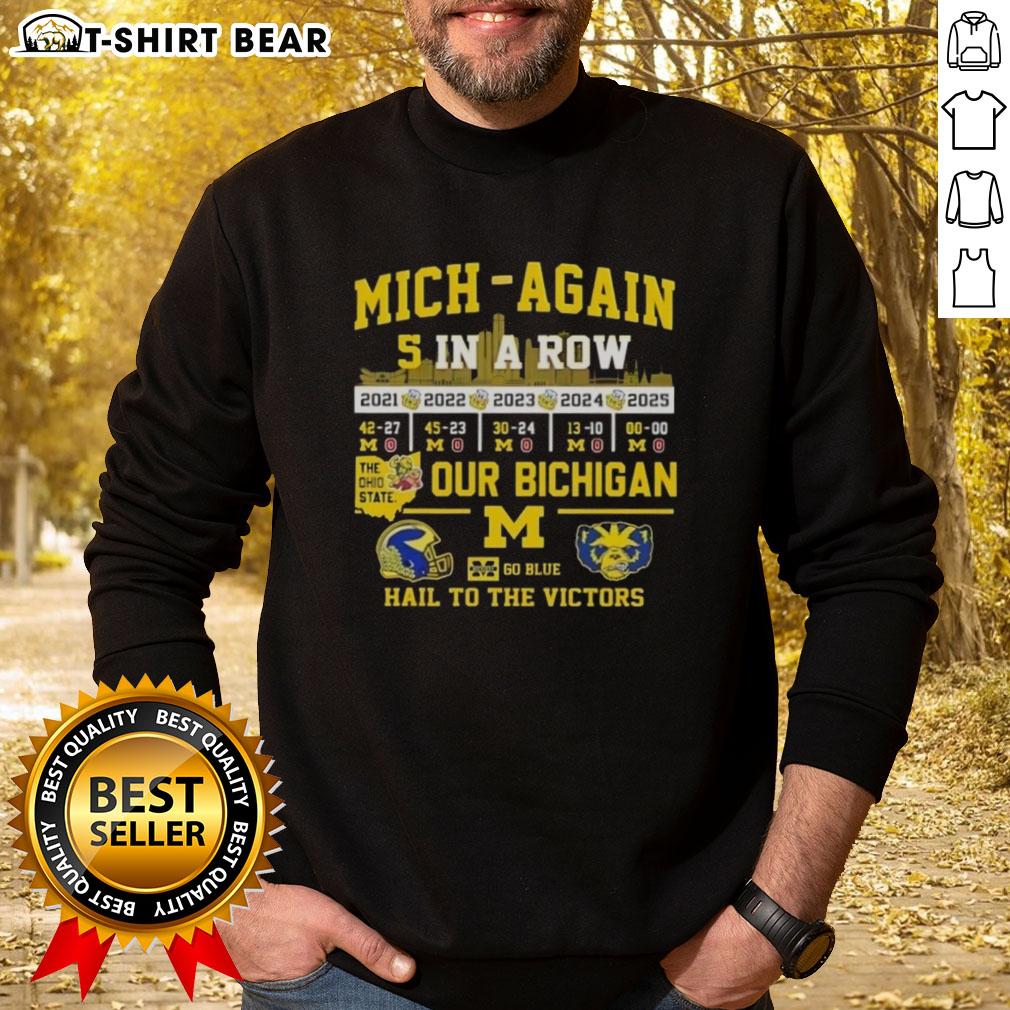 Alt Text: Original Michigan 5 in a Row sweatshirt featuring 'Go Blue' and 'Hail to the Victors' design for Ohio State fans.
