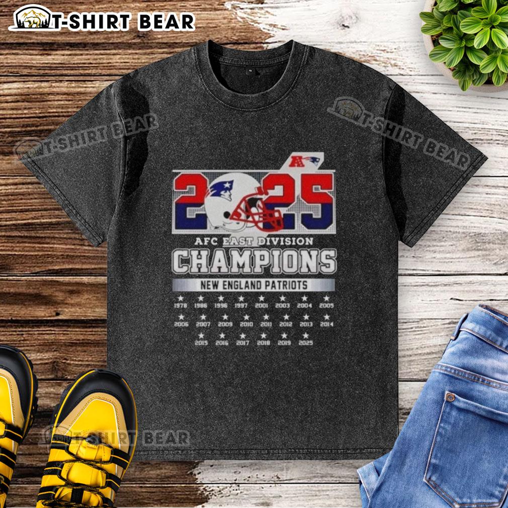 Alt Text: Original New York Patriots football helmet design on a 2025 AFC East Division Champions washed t-shirt.