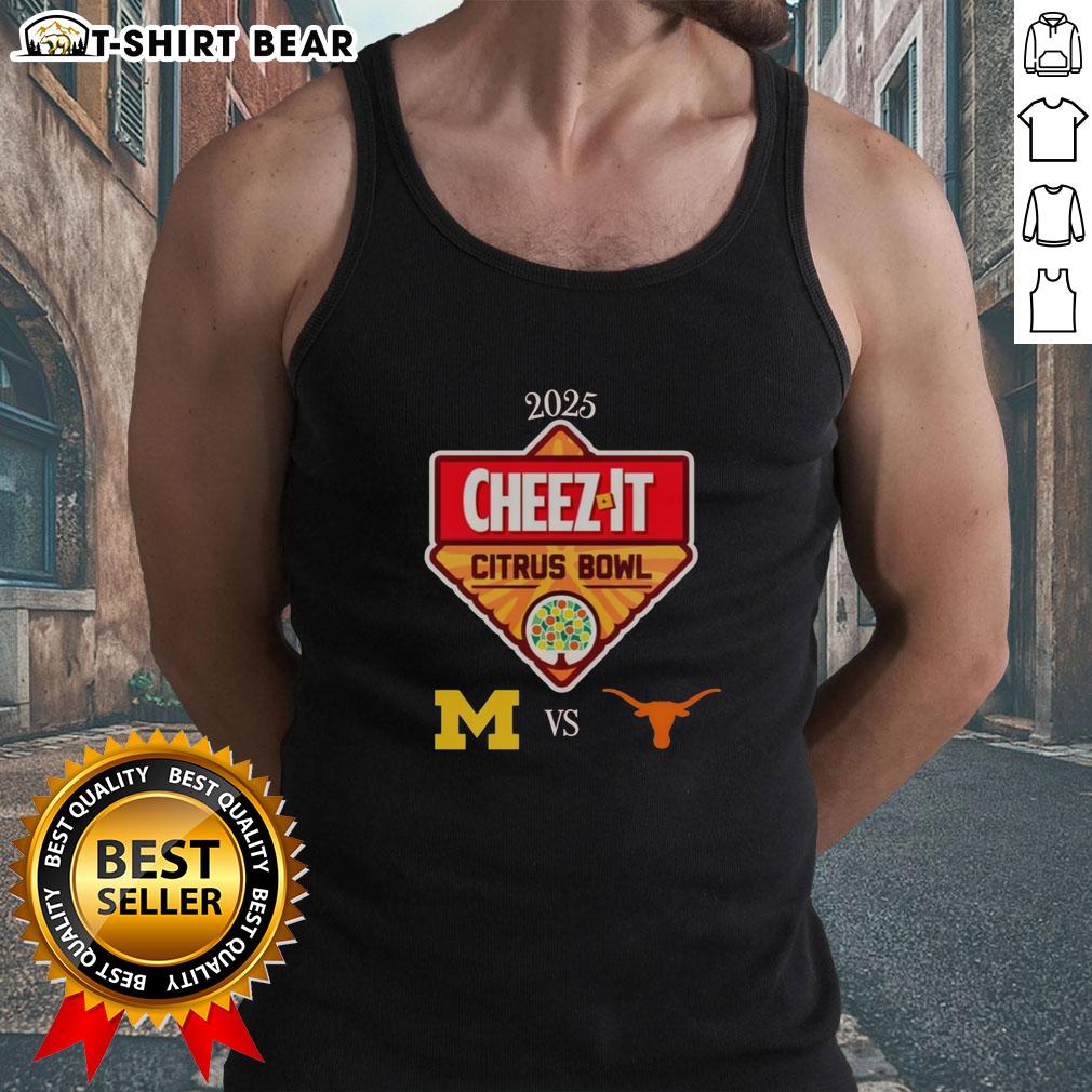 Michigan Wolverines vs Texas Longhorns 2025 Cheez-It Citrus Bowl tank top featuring team logos and vibrant design.