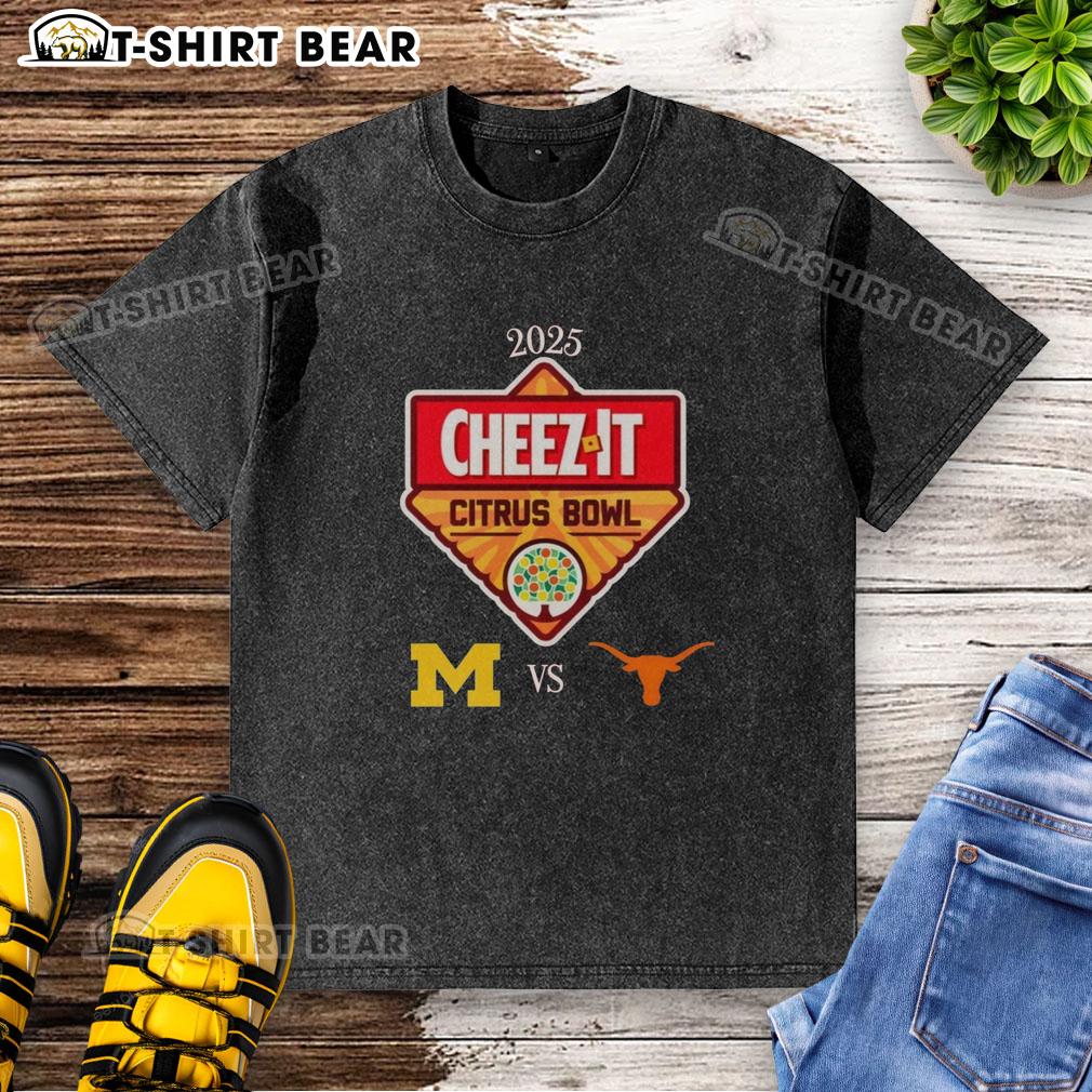 Alt Text: Original Official Michigan Wolverines vs Texas Longhorns 2025 Cheez-It Citrus Bowl washed t-shirt design.