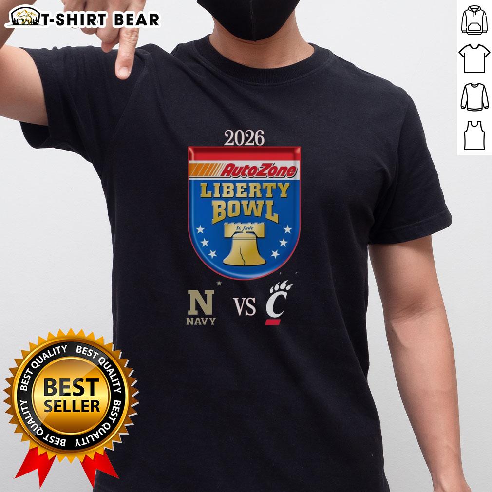 Original Official Navy Midshipmen Vs Cincinnati Bearcats 2026 Autozone Liberty Bowl Matchup T-Shirt design featuring team logos.