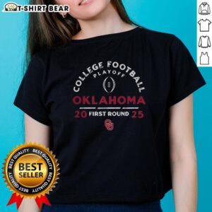 Original Oklahoma Sooners NCAA 2025-26 College Football Playoff First Round Curved Ladies Tee with team logo.