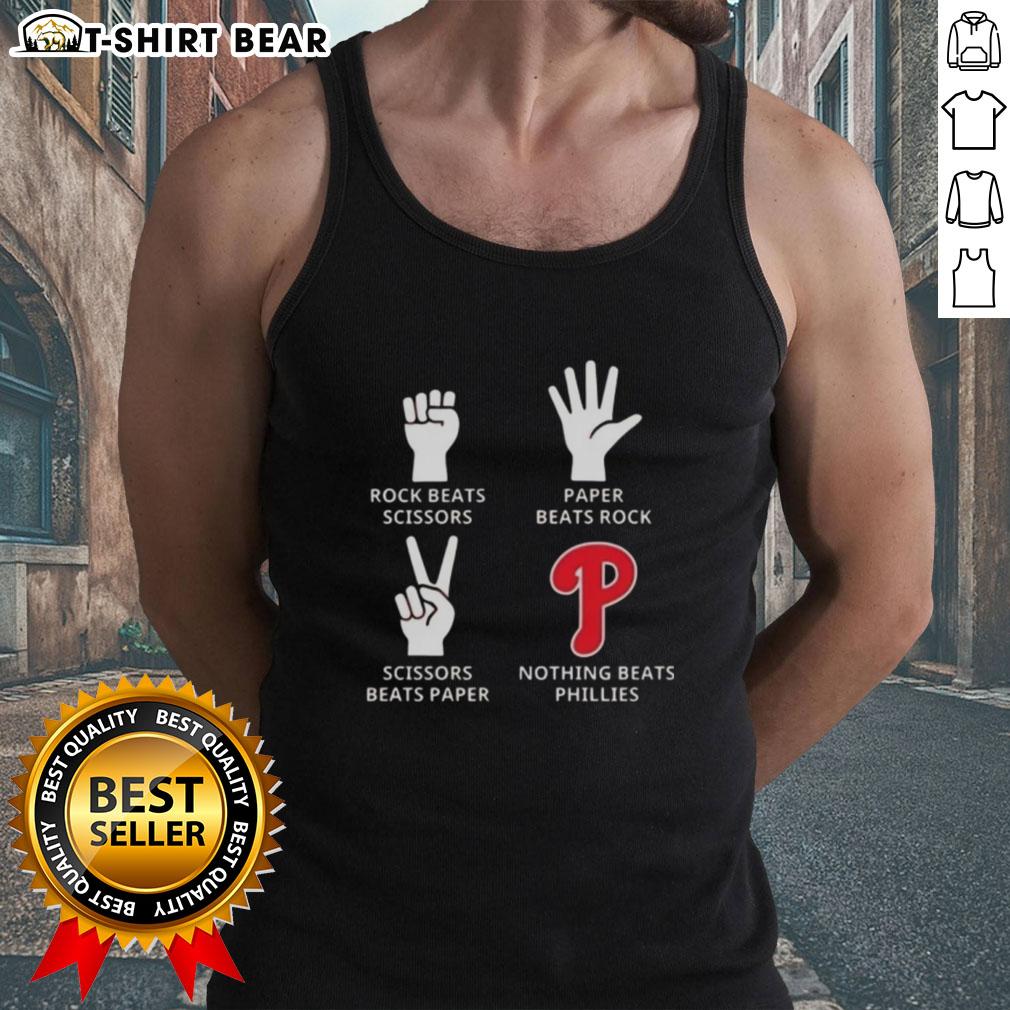 Original Philadelphia Phillies tank top featuring 'Nothing Beats Rock, Paper, Scissors' graphic design.