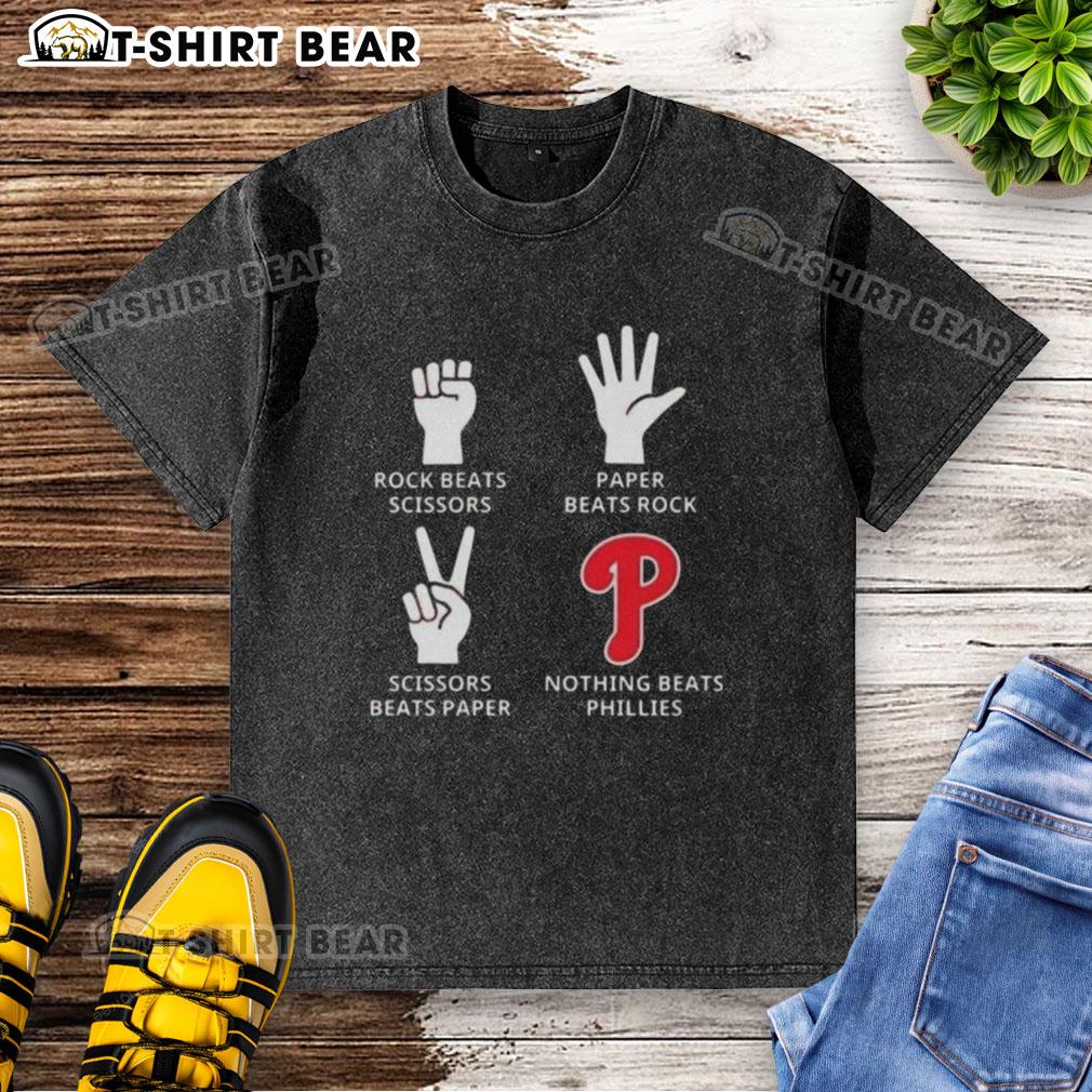Original Philadelphia Phillies t-shirt featuring 'Nothing Beats Rock, Paper, Scissors' graphic design.