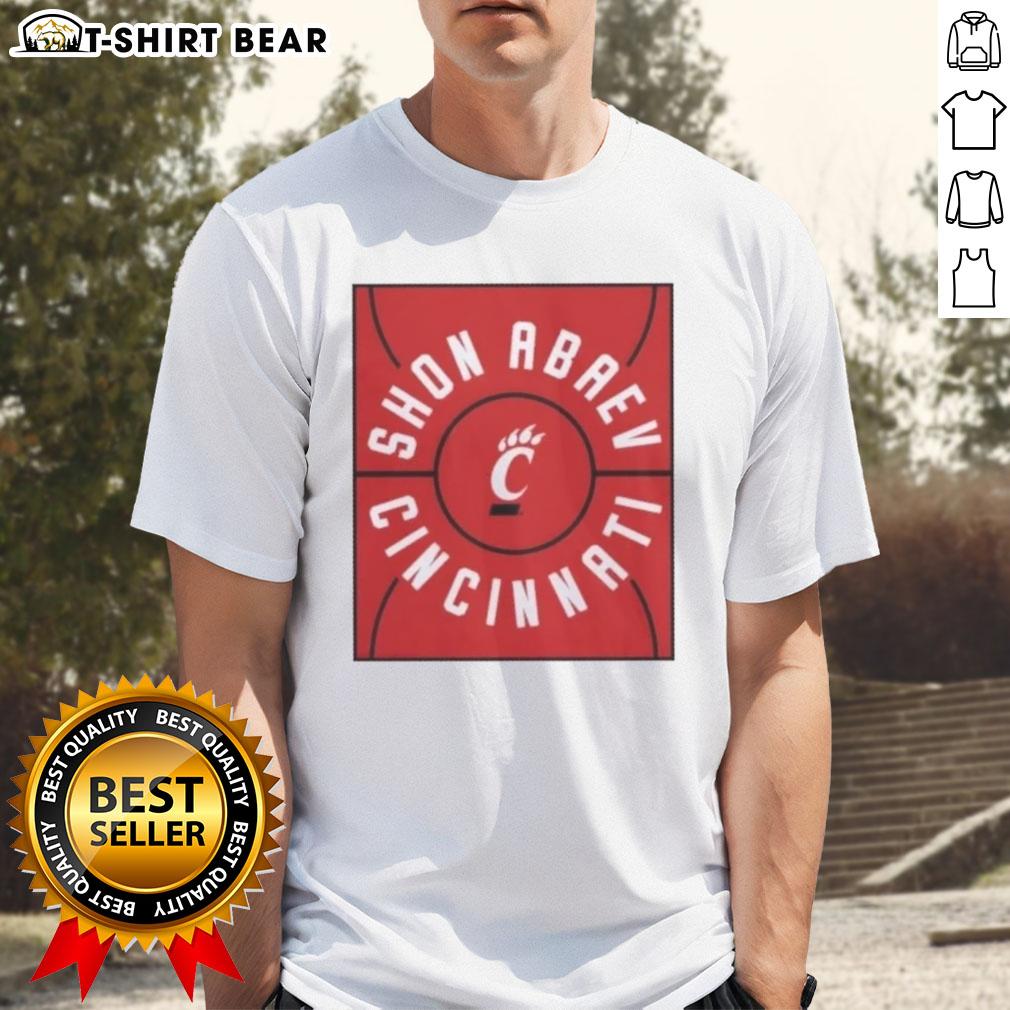 Original Shon Abaev Full Court Cincinnati Bearcats Basketball T-Shirt featuring vibrant team colors and logo design.
