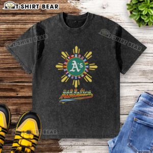 Premium 2025 Oakland Athletics Baseball X Hispanic Washed T-Shirt featuring vibrant team colors and stylish design.