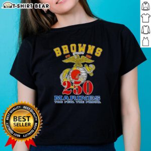 Alt Text: Premium Cleveland Browns X U.S.M.C 250th Birthday Celebration Ladies Tee featuring vibrant team colors and logo.