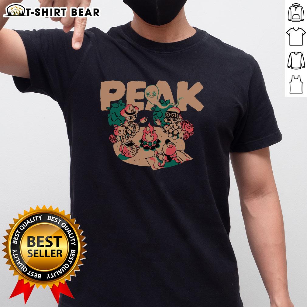 Premium Peak Happy Campers T-Shirt featuring a vibrant design, ideal for outdoor enthusiasts and camping lovers.