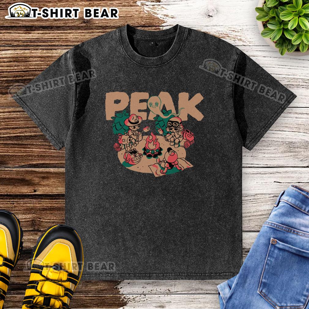 Premium Peak Happy Campers washed t-shirt in vibrant colors, perfect for outdoor adventures and casual summer wear.