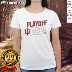 Alt Text: Pretty Indiana Hoosiers CFP 2025-2026 Playoff Mode logo on a ladies tee, perfect for fans and supporters.