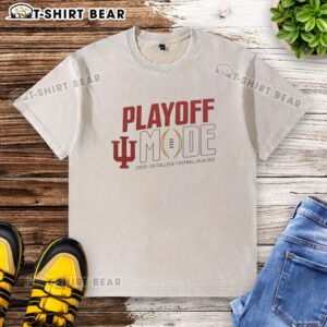 Alt Text: Stylish washed t-shirt featuring the Indiana Hoosiers CFP 2025-2026 playoff mode logo, perfect for fans.