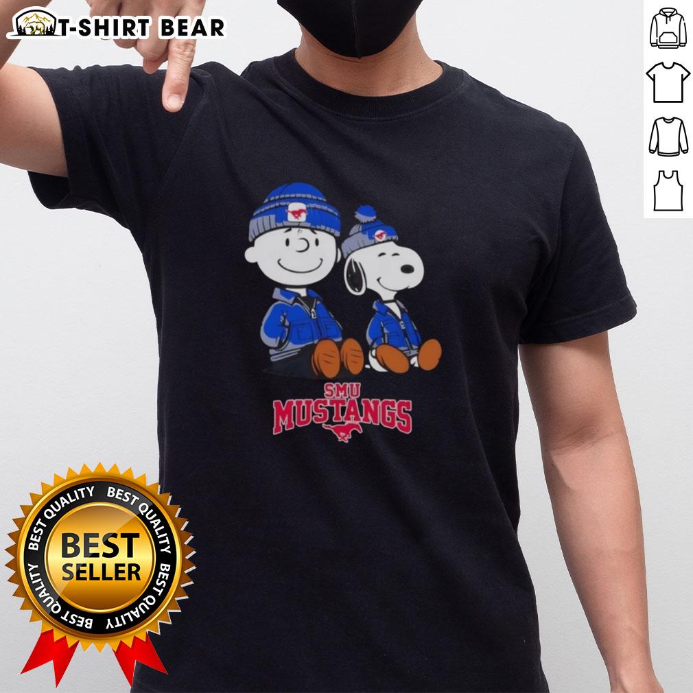 Pretty SMU Mustangs X Snoopy and Charlie Brown T-Shirt featuring vibrant graphics of iconic characters and team logo.