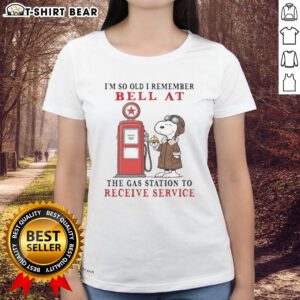 Alt Text: Pretty Snoopy graphic tee for ladies with nostalgic gas station bell design, perfect for vintage style lovers.