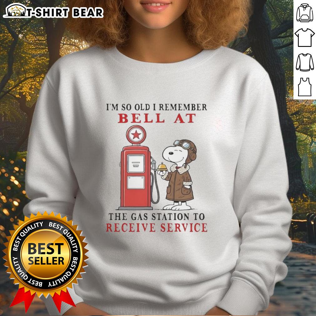 Alt Text: Vintage Snoopy sweatshirt featuring 'Im so old I remember the bell at the gas station' design, perfect for nostalgic fans.