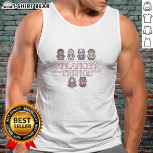 Alt Text: Pretty Stranger Things Upside Down characters pixel tank top featuring vibrant designs and retro 8-bit style.