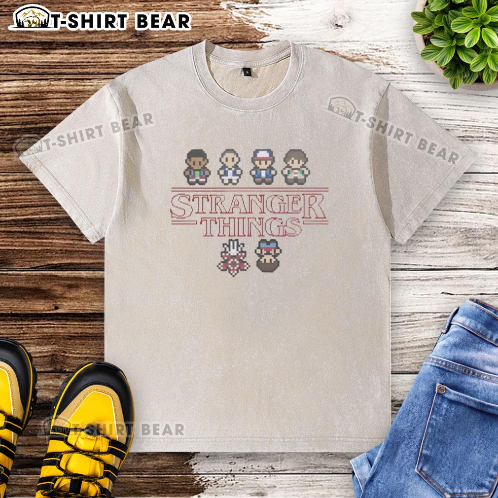 Alt Text: Pretty Stranger Things Upside Down characters on a pixel washed t-shirt, featuring vibrant colors and unique design.