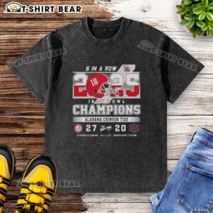 Top Alabama vs Auburn 6 in a row Iron Bowl champions washed t-shirt showcased at Jordan Hare Stadium.