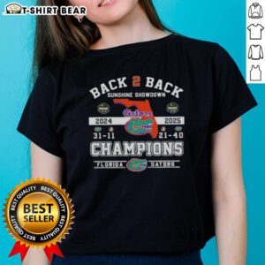 Florida Gators ladies tee celebrating back-to-back Sunshine Showdown champions, featuring vibrant team colors and logo.