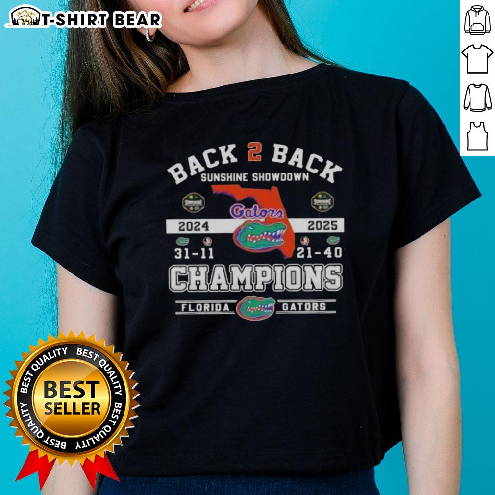Florida Gators ladies tee celebrating back-to-back Sunshine Showdown champions, featuring vibrant team colors and logo.