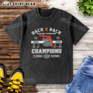Florida Gators washed t-shirt celebrating back-to-back Sunshine Showdown champions with team logo and vibrant colors.