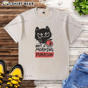 Top Cat Not A Morning Purrson washed t-shirt featuring a playful cat graphic, perfect for feline lovers and casual wear.