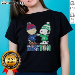 Top Charlie Brown and Snoopy Boston City Sports tee featuring New England Patriots and Boston Celtics for ladies.