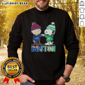 Charlie Brown and Snoopy on a Boston City sports sweatshirt featuring New England Patriots and Boston Celtics logos.