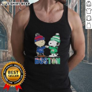 Alt Text: Charlie Brown and Snoopy Boston City sports tank top featuring New England Patriots and Boston Celtics logos.