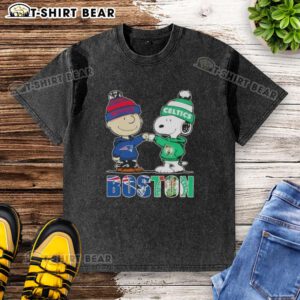 Alt Text: Top Charlie Brown and Snoopy Boston City Sports New England Patriots x Boston Celtics washed t-shirt design.