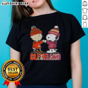 Top Charlie Brown and Snoopy Cleveland City Sports Browns x Cavaliers ladies tee featuring playful graphics.