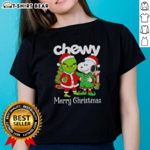 Top Chewy X Grinch and Snoopy Merry Christmas ladies tee with festive design, perfect for holiday celebrations.