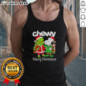 Top Chewy X Grinch and Snoopy Merry Christmas tank top featuring festive characters and vibrant holiday design.