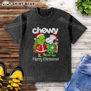 Top Chewy X Grinch and Snoopy Merry Christmas washed t-shirt featuring festive designs for holiday cheer.