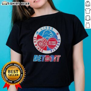 Alt Text: Top Detroit City Sports ladies tee featuring logos of Lions, Pistons, and Red Wings for sports fans.