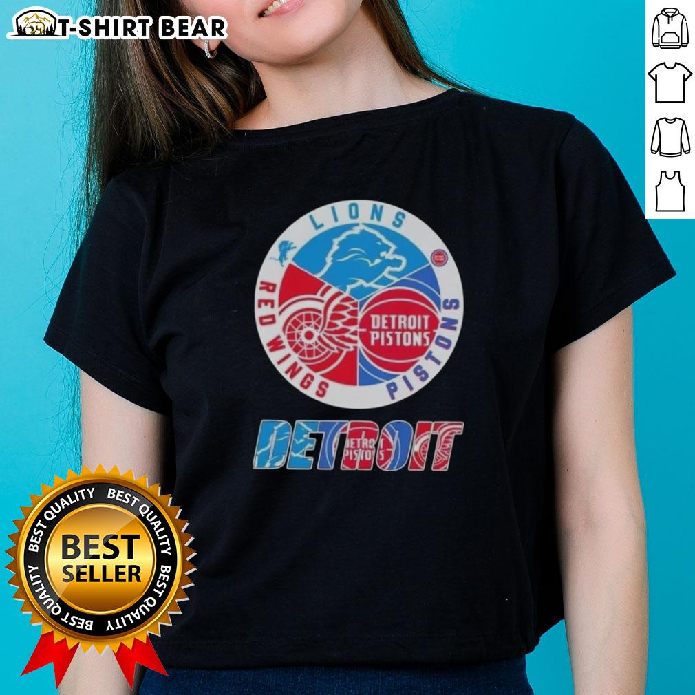 Alt Text: Top Detroit City Sports ladies tee featuring logos of Lions, Pistons, and Red Wings for sports fans.