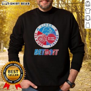 Top Detroit City Sports sweatshirt featuring logos of Lions, Pistons, and Red Wings, perfect for sports fans.