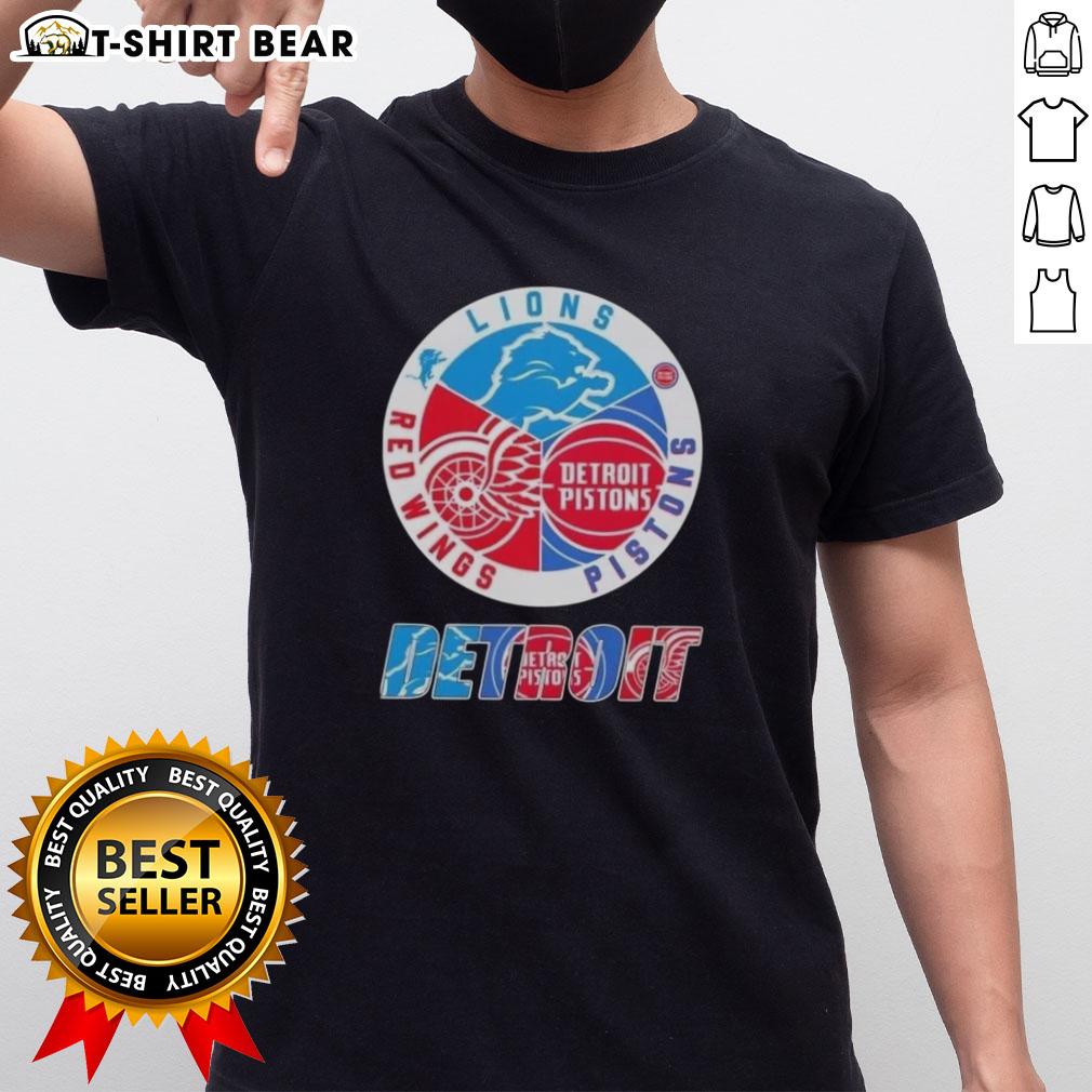 Alt Text: Top Detroit City Sports T-Shirt featuring Lions, Pistons, and Red Wings logos for fans of Detroit sports.