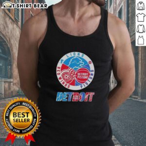 Top Detroit City Sports tank top featuring Lions, Pistons, and Red Wings logos in a stylish design for fans.