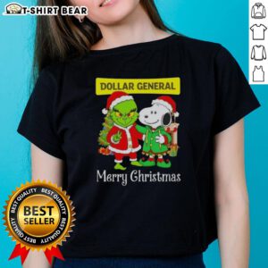 Top Dollar General X Grinch and Snoopy Merry Christmas ladies tee featuring festive graphics and vibrant colors.