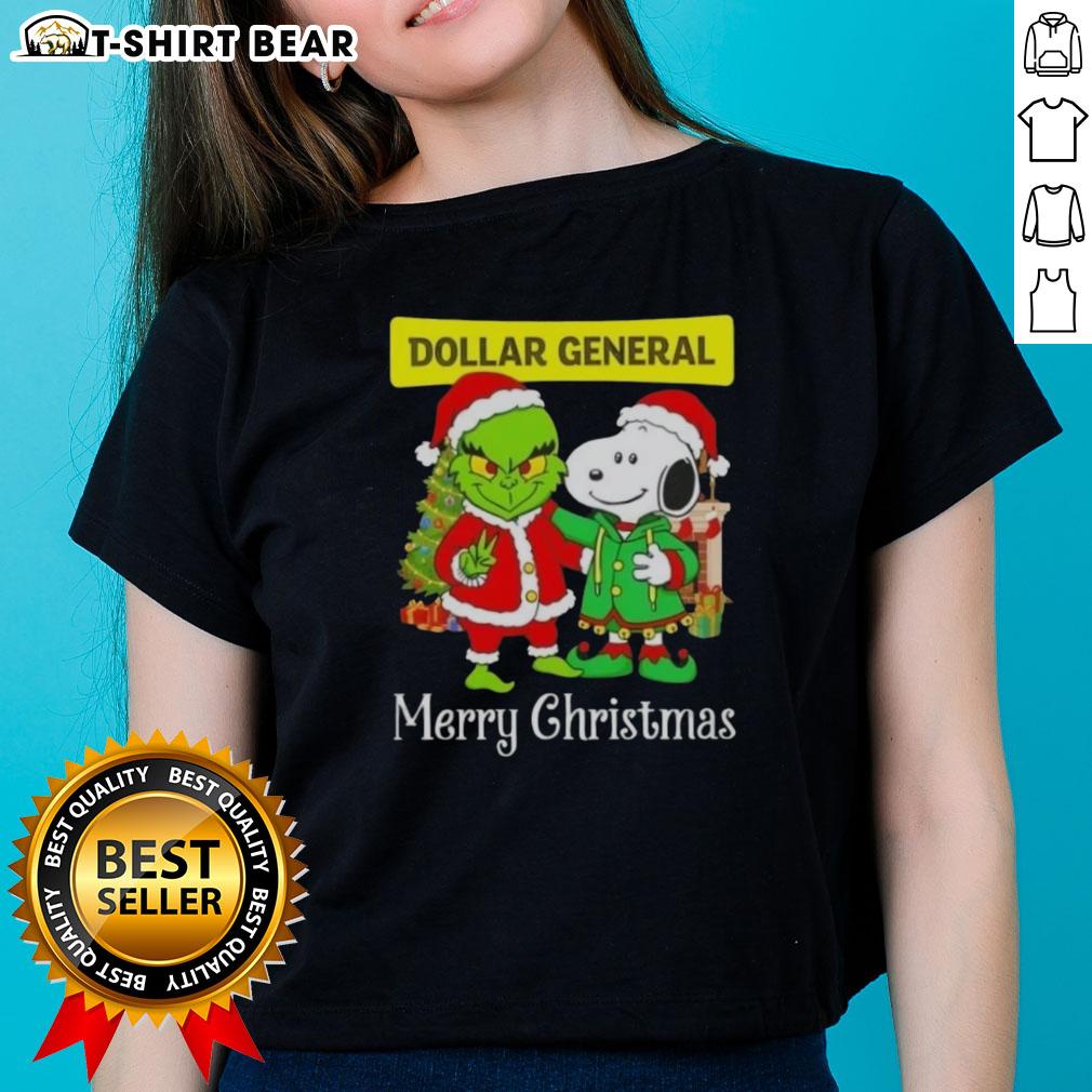 Top Dollar General X Grinch and Snoopy Merry Christmas ladies tee featuring festive graphics and vibrant colors.