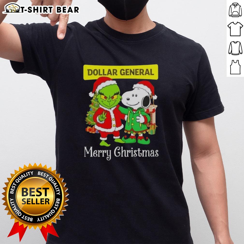 Alt Text: Top Dollar General X Grinch and Snoopy Merry Christmas T-Shirt featuring colorful holiday graphics for festive cheer.