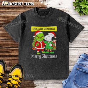 Alt Text: Top Dollar General X Grinch and Snoopy Merry Christmas washed t-shirt featuring festive graphics and colors.