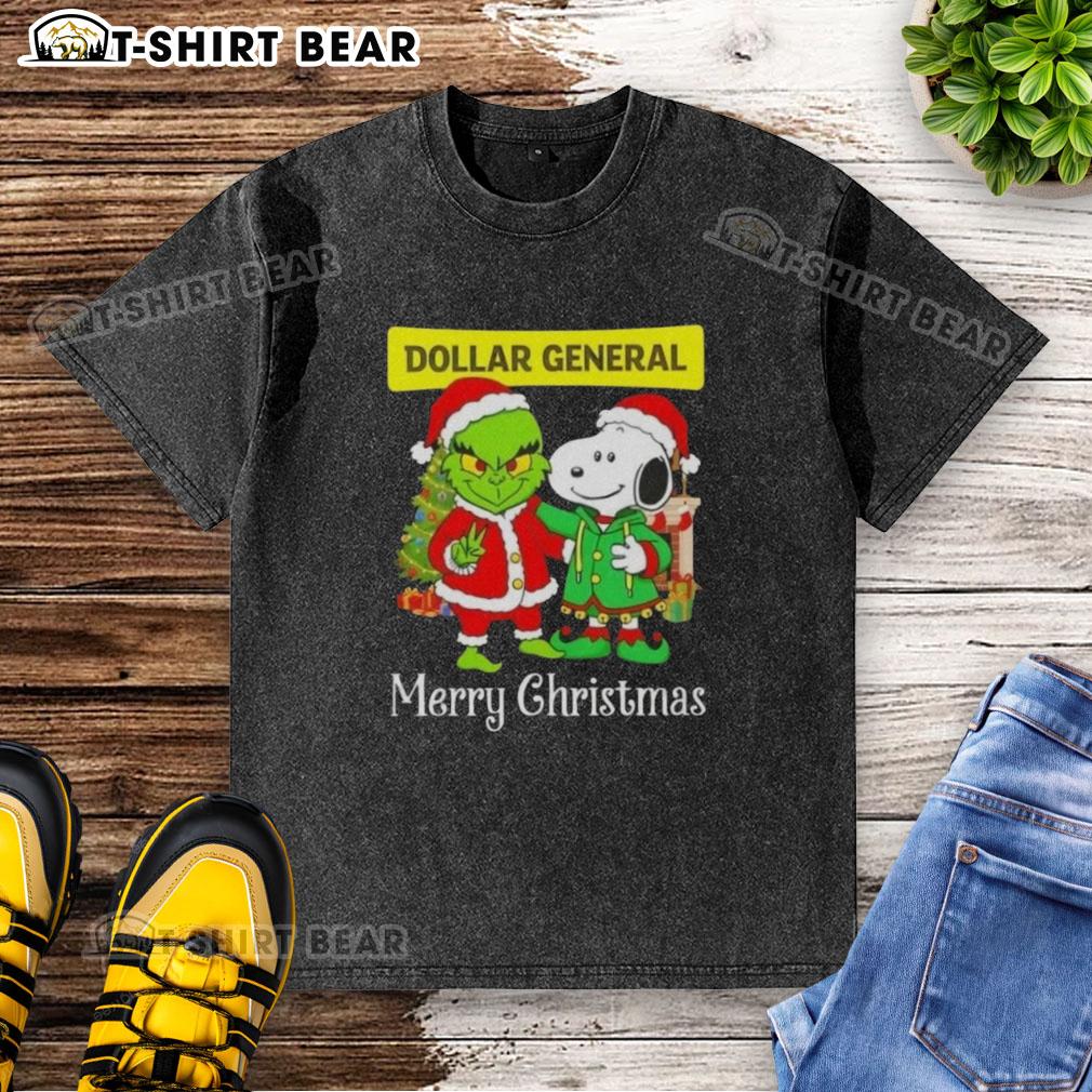Alt Text: Top Dollar General X Grinch and Snoopy Merry Christmas washed t-shirt featuring festive graphics and colors.