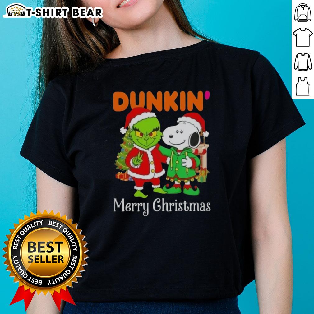 Alt Text: Top Dunkin Donuts X Grinch and Snoopy Merry Christmas ladies tee featuring colorful holiday graphics and festive design.