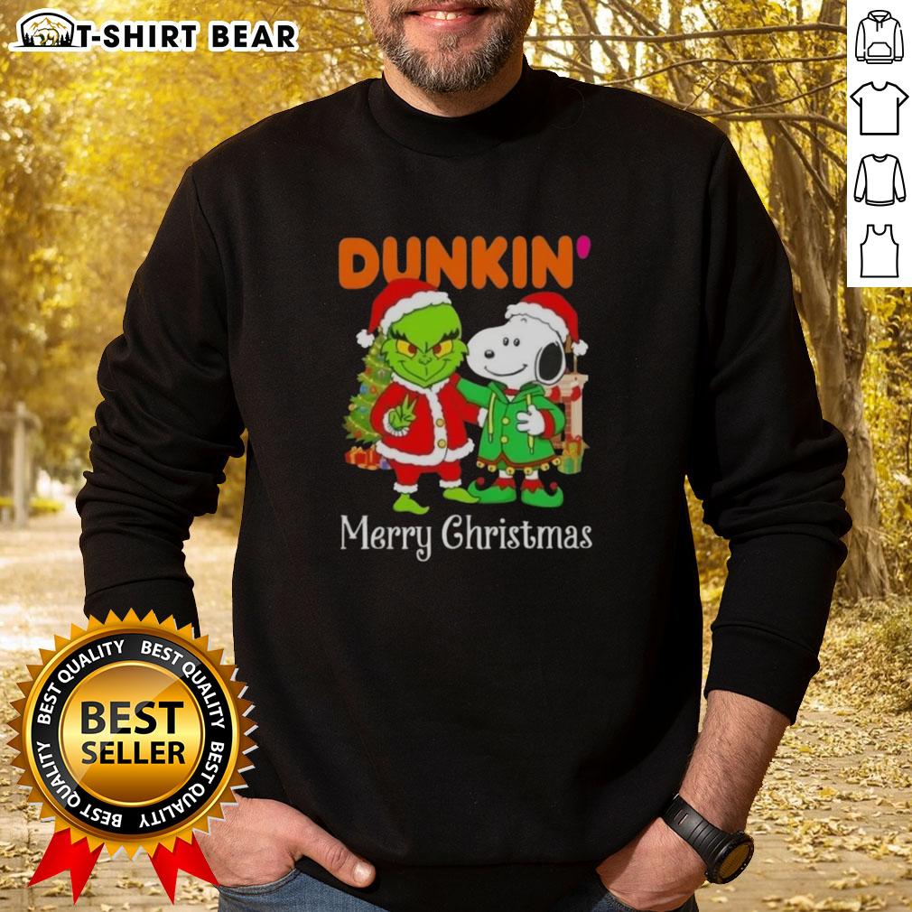 Alt Text: Top Dunkin Donuts X Grinch and Snoopy Merry Christmas sweatshirt featuring festive graphics and cozy design.
