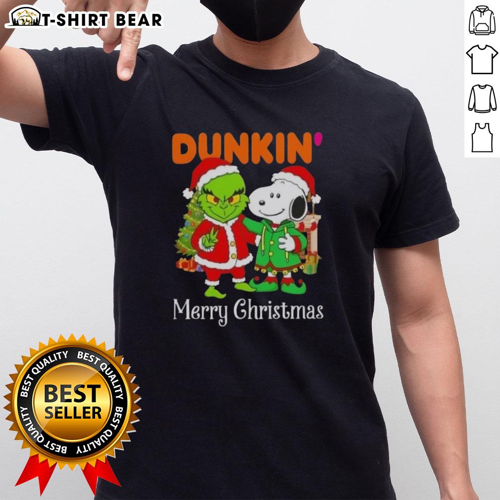 Alt Text: Top Dunkin Donuts X Grinch and Snoopy Merry Christmas T-Shirt featuring festive designs for holiday cheer.