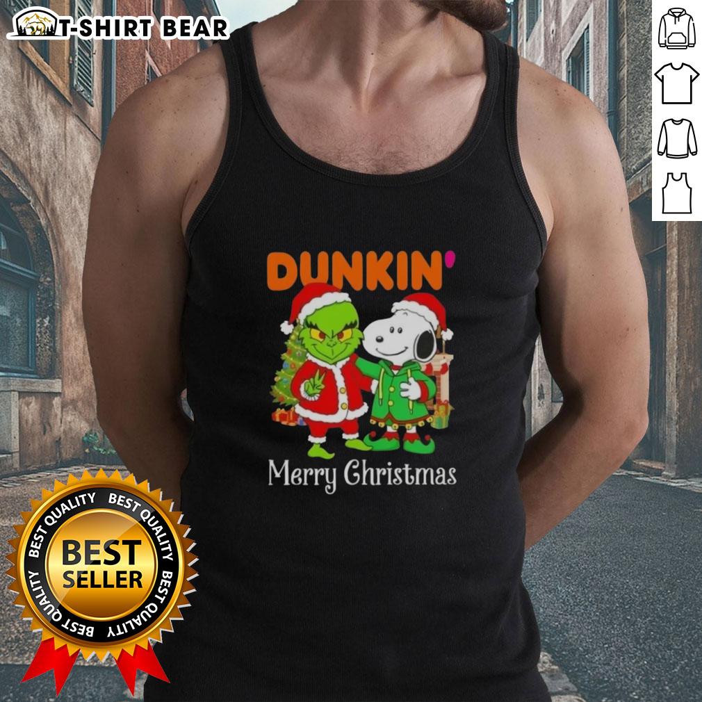 Top Dunkin Donuts X Grinch and Snoopy Merry Christmas tank top featuring festive designs for holiday cheer.